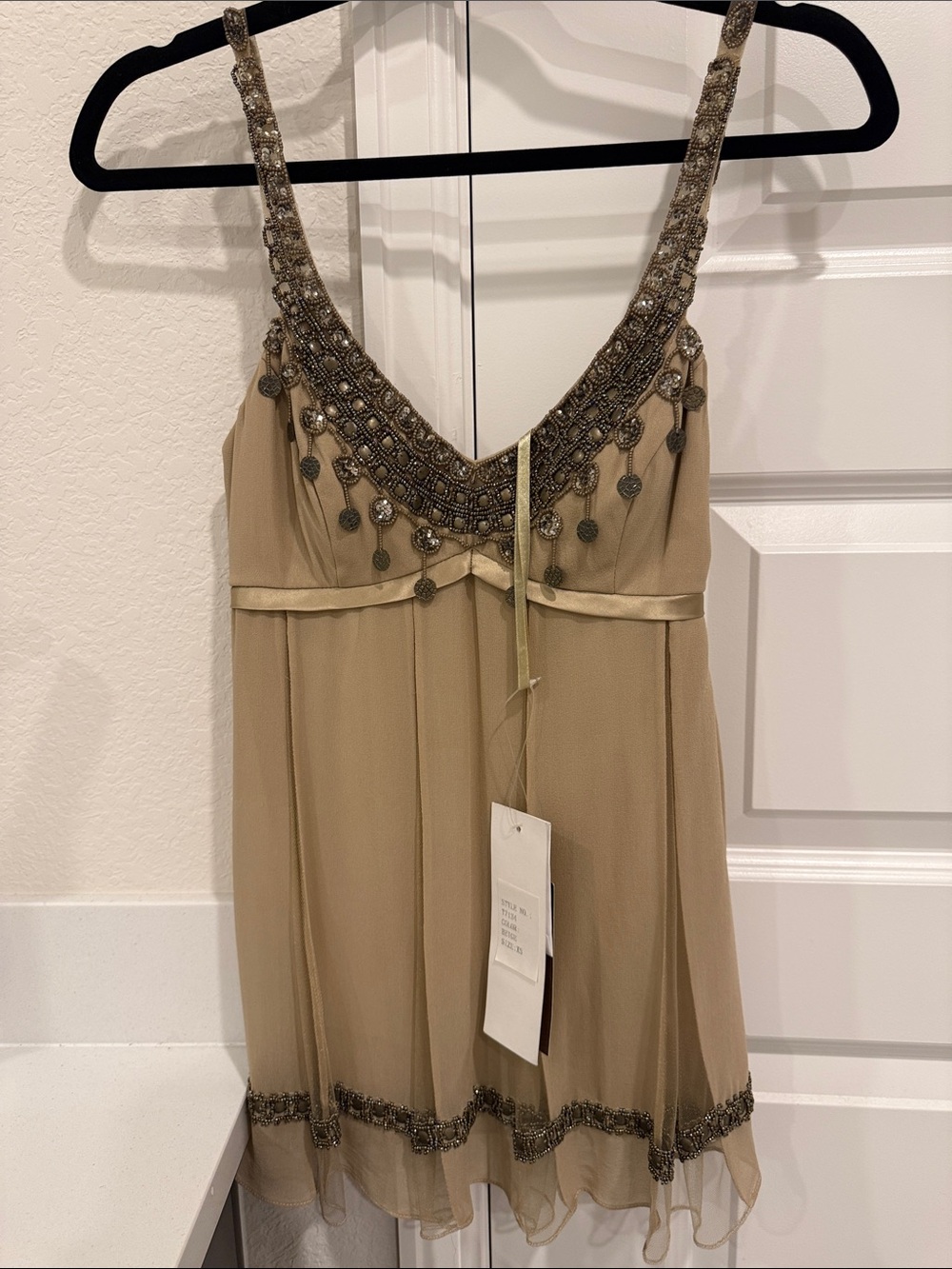 Sue Wong Tan Beaded Chiffon Chemise